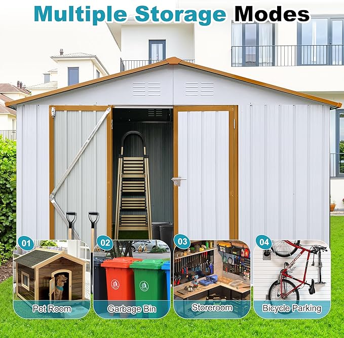 10x12 FT Outdoor Storage Shed, Metal Tool Shed with Lockable Doors & Peaked Roof, Garden Shed with Vented Design for Backyard Garden Patio Lawn, White+Yellow