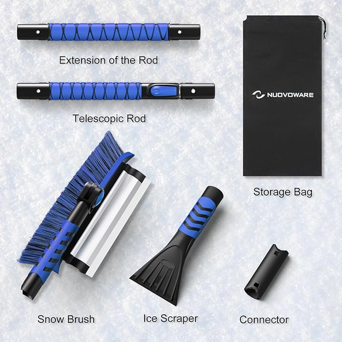 Nuovoware 60" Ice Scraper and Extendable Snow Brush for Car Windshield, 5 in 1 Adjustable Snow Removal Tools with 270° Pivoting Brush Head for Car Auto Truck SUV, Blue