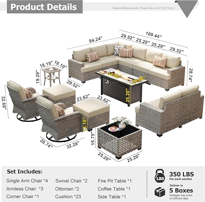 HOOOWOOO Outdoor Sectional Patio Furniture Set with Fire Pit Table,15 Pieces Wicker Conversation Sets L Shaped Couch,Extra Deep Out Door Sofa Outside Furniture with Swivel Chairs Ottomans,Beige