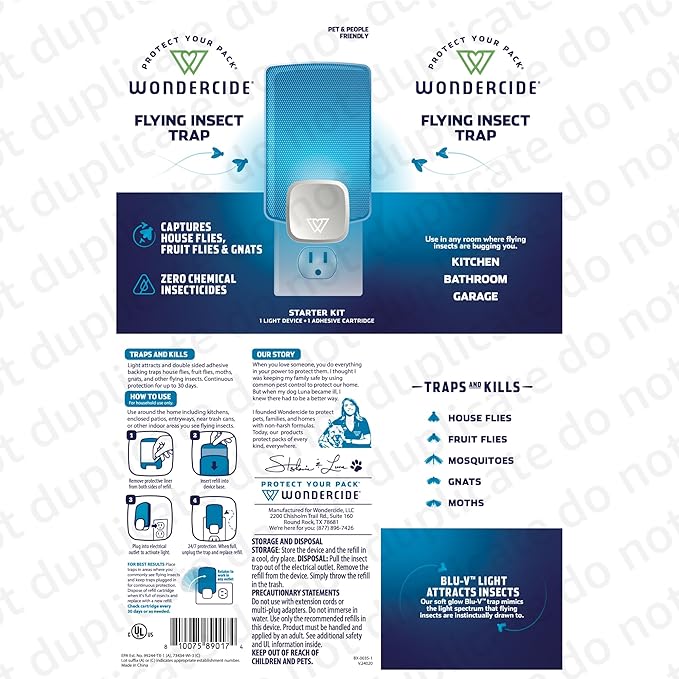 Wondercide - Flying Insect and Fly Trap - Indoor Bug Catcher for Fruit and House Flies, Gnats, Moths, and Mosquitoes - Starter Kit for Home and Kitchen - 2 Plug-in Lights and 2 Cartridges