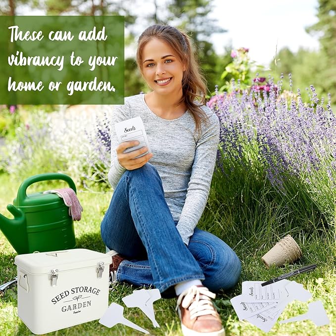 Maitys Seed Storage Container Box with Lid Garden Seed Packet Storage Organizer Decorative with Dividers and 100 Plant Labels 50 Seeding Envelopes 2 Marker Pens(Stylish,8.5 x 5.5 x 6.7)