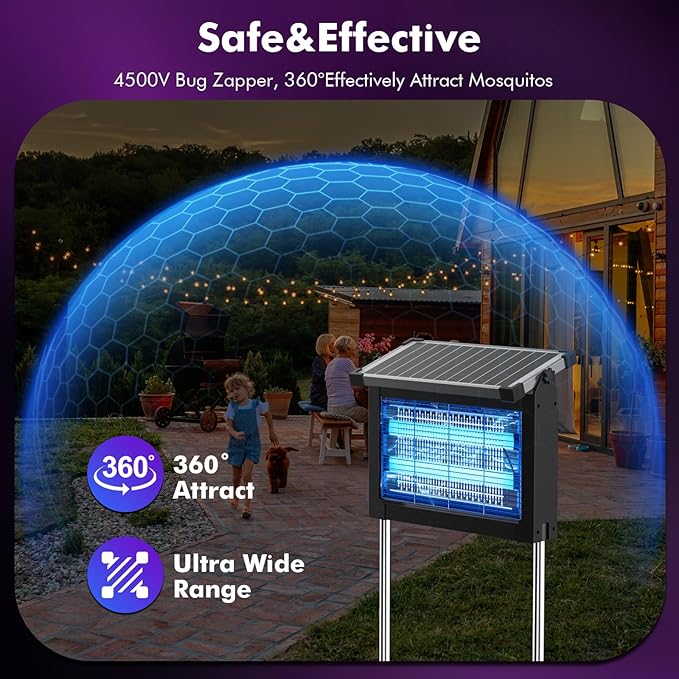 OKK Solar Bug Zapper Outdoor 4500V, Mosquito Zapper Waterproof Electric Fly Zapper with 10W Solar Panel, Rechargeable Mosquito Killer Lamp, Cordless Fly Trap for Patios, Gardens, Camping, Backyard