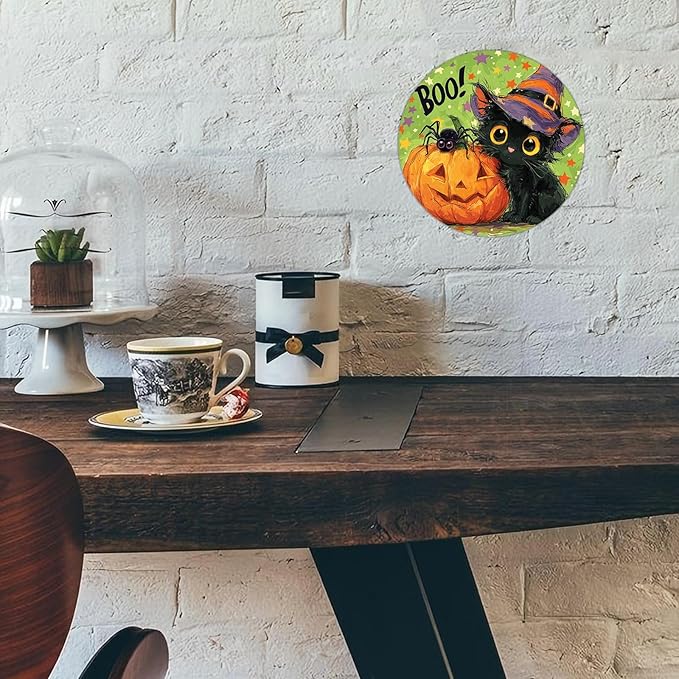 PEACHGARDEN Halloween Black Cat Round Metal Tin Sign Vintage Boo Decor Pumpkin Retro Wall Art Plaque Iron Painting 8x8inch