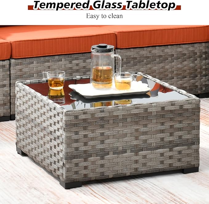 HOOOWOOO 13 Piece Modular Patio Outdoor Sectional Furniture Set with Gas Propane Fire Pit Table,Wicker Conversation Sofa Set,Out Door Couch Set with Wide Arm Outside(Orange Red)