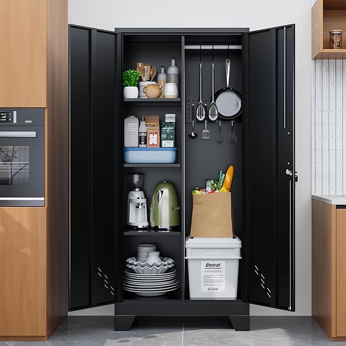 61" Outdoor Storage Cabinet, Heavy-Duty Metal Lockable Storage Cabinets with Ventilated Doors & Pegboard Hooks, Linen Storage Cabinet for Garage, Bathroom & Kitchen, Easy Assembly