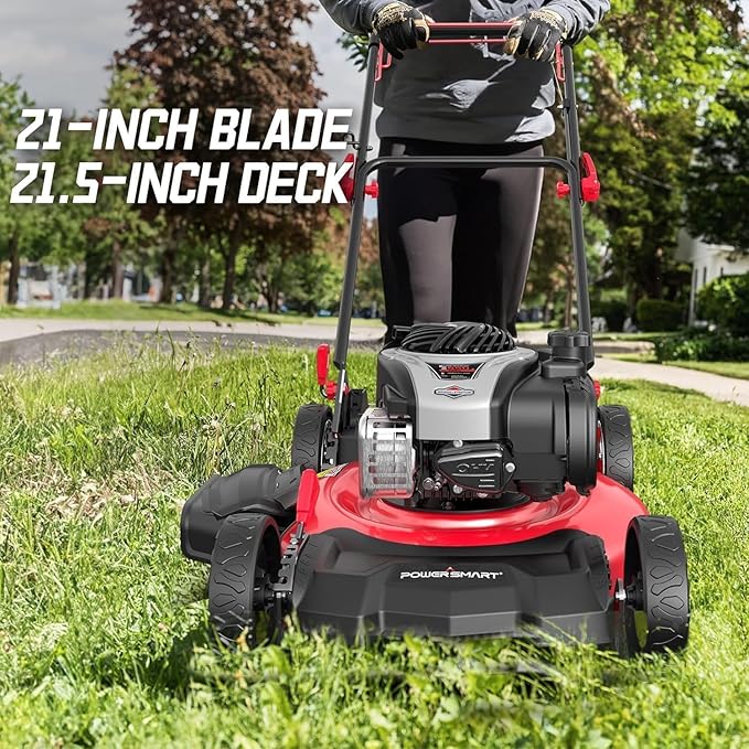 PowerSmart 21" 3-in-1 Gas Push Lawn Mower with 140cc 4-Stroke Engine - Wide Cutting Deck, 6 Height Adjustments, Mulching Capability