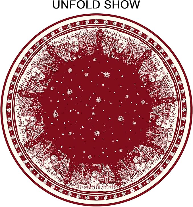 Giwawa Xmas Round Tablecloth 60 Inch, Farmhouse Red Snow House Snowflakes Holiday Washable Polyester Table Cover for Picnic Dinner Kitchen Winter Seasonal Party Tabletop Decoration