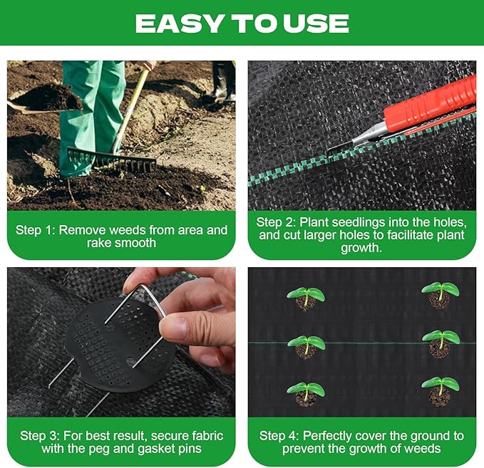 4 x 50ft Weed Barrier Fabric Heavy Duty Landscape Weed Blocker with 80 Holes, Large Weed Block Gardening Ground Cover Mat Weed Control Cloth with 10 U-Shaped Stakes and Gaskets, Black (1PCS,4x50ft)