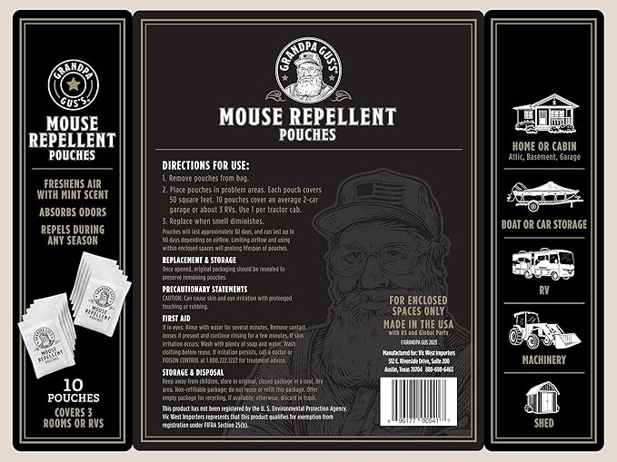 Grandpa Gus's Extra-Strength Mouse Repellent Pouches, Cinnamon/Peppermint Oils Repel Mice from Nesting & Freshen Air in Car/RV/Boat/Garage/Shed/Cabin, 1.75 oz (Pack of 10)
