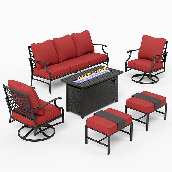 Patio Furniture Set, 6 Pcs Metal Outdoor Conversation Set, 2 Swivel Chairs, 2 Ottomans and 3 Seater Sofa with 5.75" Extra Thick Cushion and Gas Fire Pit Table, Red