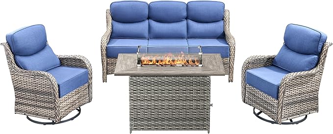 Luxury High Back Outdoor Furniture 6-Inch Thick Cushions with 50,000 BTU Gas Propane Fire Pit Tablet, Patio Furniture Set with Swivel Chairs, for Porch, Balcony, Deck and Yard