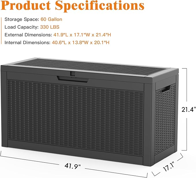 60 Gallon Outdoor Storage Box, Waterproof Deck Box with Handles and Lockable Lid, Resin Patio Storage Box with Hydraulic Rods for Garden Tools, Cushions, Black