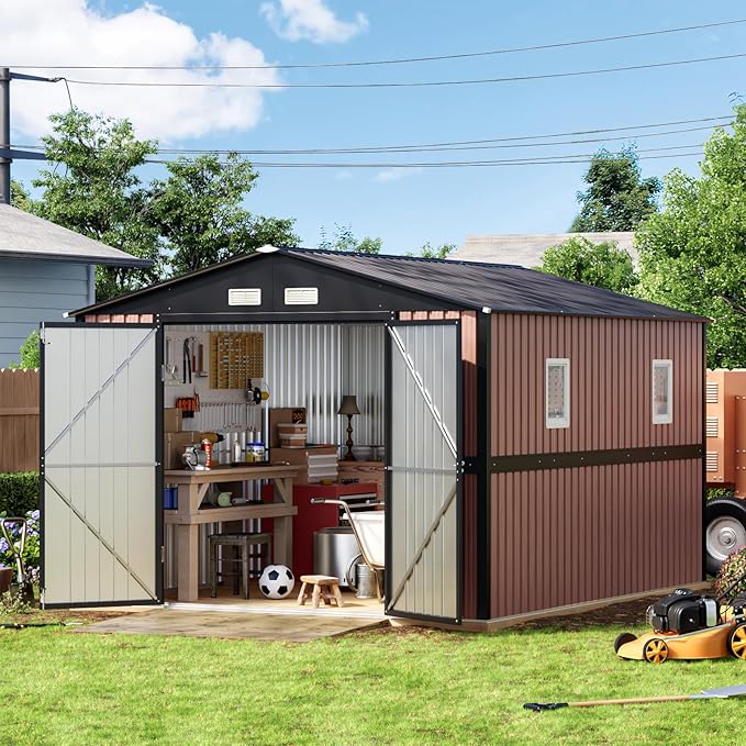 10X12 FT Outdoor Metal Storage Shed with Lockable Doors & 2 Windows, Storage Shed Large for Patio Storage, Garbage Can, Chicken Coop(Wood Panels & Frame Floor Not Included)