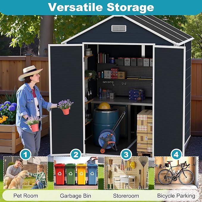 6x6 FT Plastic Outdoor Storage Shed, Resin Plastic Tool Shed with Lockable Doors & Peaked Roof, Garden Shed with Side Window & Floor, for Backyard Garden Patio Lawn, Dark Gray