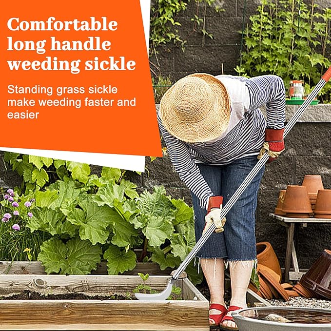 Weeding Sickle,Stainless Steel Long Handle Double Serrated Blade Grass Sickle,Stand Up Weeding Tool,Lightweight Sickle Garden Tool for Yards and Gardens
