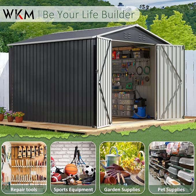 WKM 10x10 FT Outdoor Storage Shed, Utility Metal Tool Storage with Lockable Doors and Updated Frame Structure, Metal Garden Shed for Backyard, Patio Lawn, Black