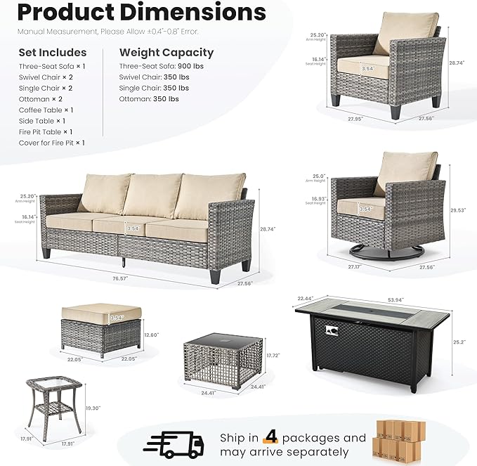 ovios 10 Pieces Patio Furniture Set with Swivel Chairs Rocking Gliders, 54" Fire Pit Table, Outdoor Sofa Couch with Solar Lights Table, Modern Deep Seat Wicker Rattan Conversation Set, Beige