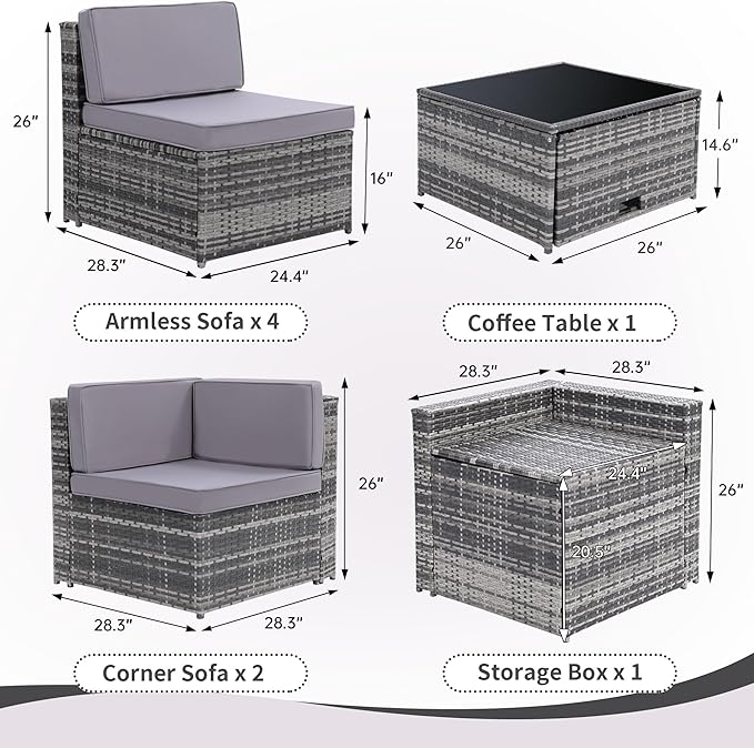8 Pieces Outdoor Wicker Rattan Patio Furniture Sectional Set, Glass Top Table with Hidden Storage, 7 Sofa Sections, Oversized Cushions, Grey Color Rattan with Light Grey Cushion