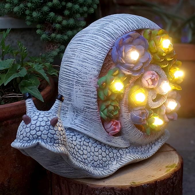 FORUP Snail Garden Statue, Resin Snail Figurine Garden Lawn Ornaments with Solar LED Lights for Outdoor Yard Garden Decorations