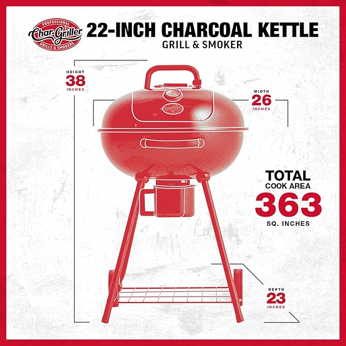 Char-Griller CG30040725 22-inch Kettle Charcoal Grill and Smoker - Steel, Black - 363 sq. in. Cooking Area