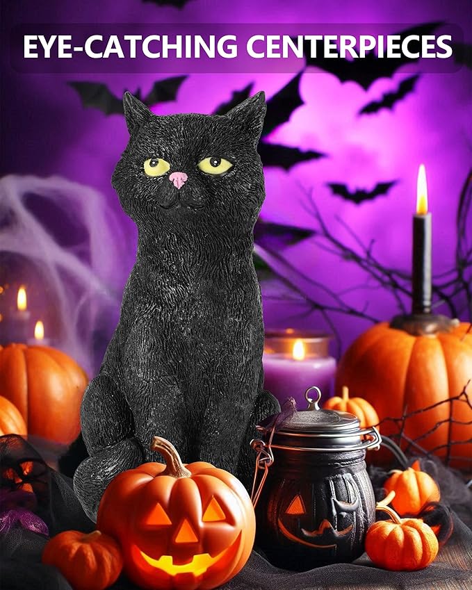 Black Cat Figurine with Glow-in-The-Dark Eyes - 7.3" Spooky Resin Halloween Decorations Halloween Decor Outdoor/Indoor (Black Cat)