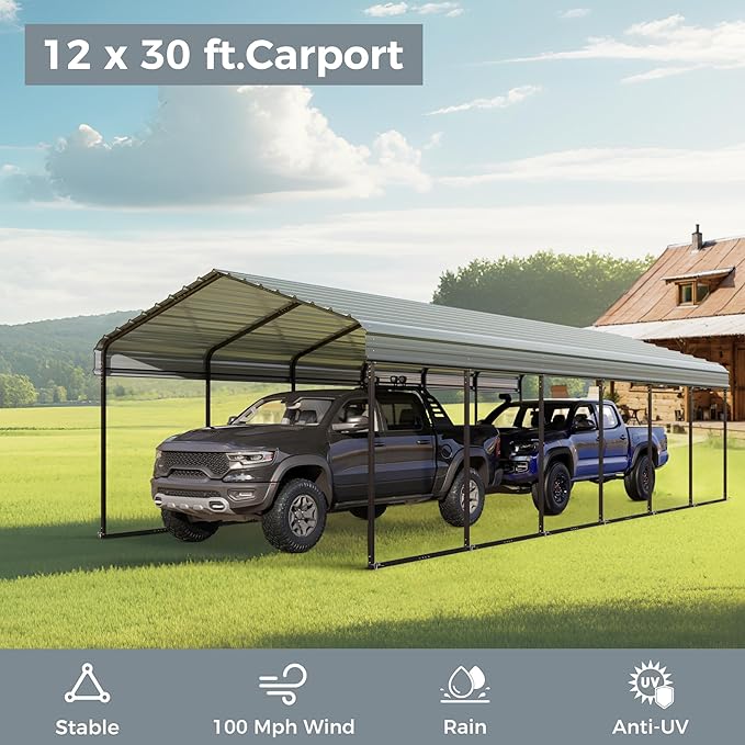 GREEN PARTY 12 x 30 ft Metal Carport Kits with Galvanized Steel Roof, Heavy Duty 2 Car Metal Carport Canopy, Outdoor Car Tent Metal Garage Shelter for Car, SUV, Truck and Boats, Grey