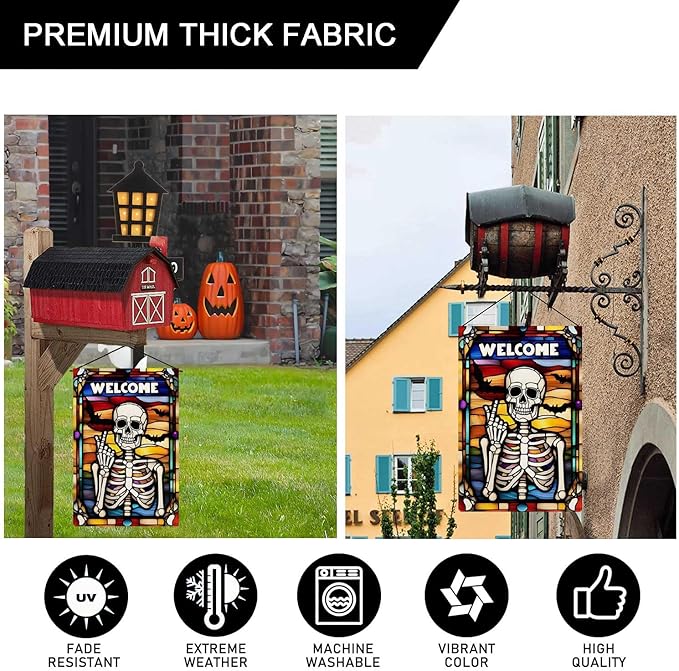 Welcome Skeleton Garden Flag Halloween Stained Glass Style Holiday Garden Flag Vertical Double Sided Rustic Farmland Burlap Yard Lawn Outdoor Decor 12.5x18"