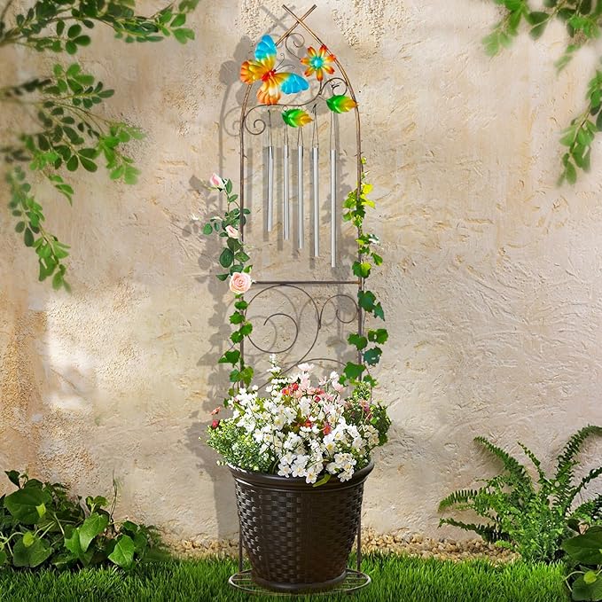 Plant Stands with Garden Trellis, 48” Metal Standing Wind Chimes Plant Pot Trellis with Butterfly for Garden Patio Backyard Climbing Plants Outdoor Decor