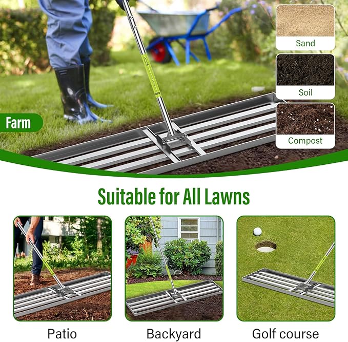 Lawn Leveling Rake,36x12 inch Heavy-Duty Galvanized Steel Landscape Rake with an Adjustable 78'' Extra Long Handle Lawn Leveling Tool for Yard,Backyard,Garden,Golf,Farm,Pasture