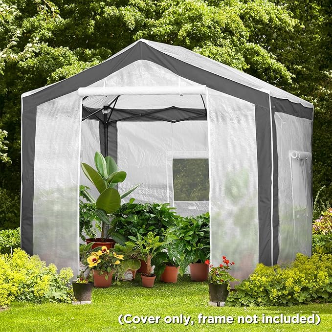 EAGLE PEAK Replacement Cover for 8x6 Portable Pop up Greenhouse with Polyester Reinforced Corners, Front Roll-Up Zipper Entry Door and 3 Large Roll-Up Side Windows (Frame Not Included), Gray/White