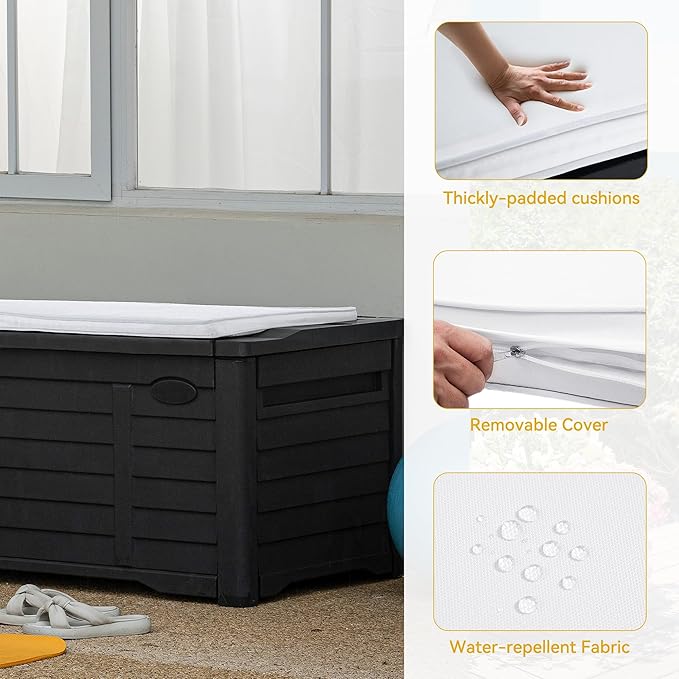DWVO Outdoor Storage Deck Box, 120 Gallon Capacity, Waterproof Storage Bench, Lockable Lid, Resilient Resin Construction, Black