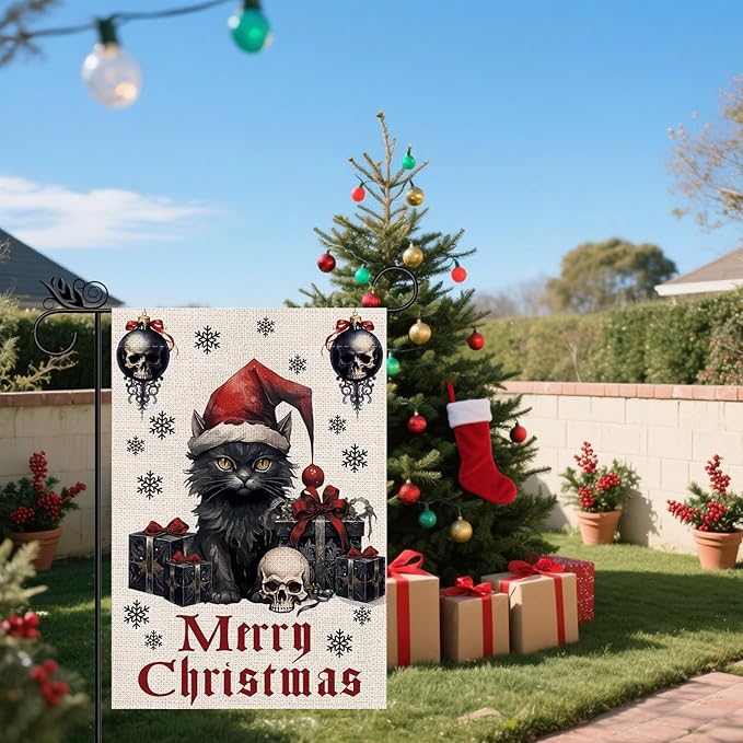 Gothic Christmas Garden Flag Black Cat Goth Halloween Christmas Decor Winter Vertical Burlap Double Sided Yard Welcome Flag Seasonal Xmas Decorations for Festival Holiday Winter Decorations Gifts 12.5*18 Inch