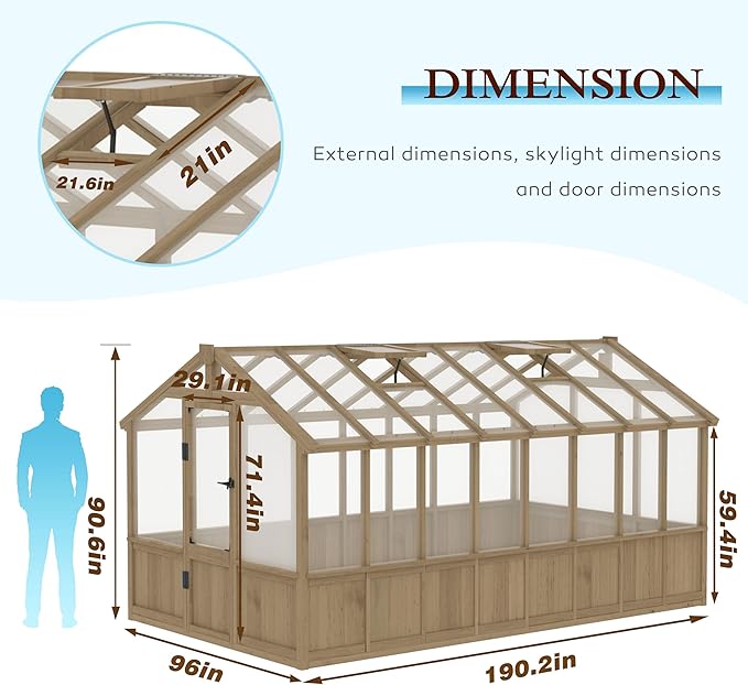 8x16 FT Greenhouse for Outdoor, 6MM Thick Polycarbonate Panel Wooden Walk-in Green House with Adjustable Roof Vents and Lockable Door, Backyard Garden, Light Mocha Brown