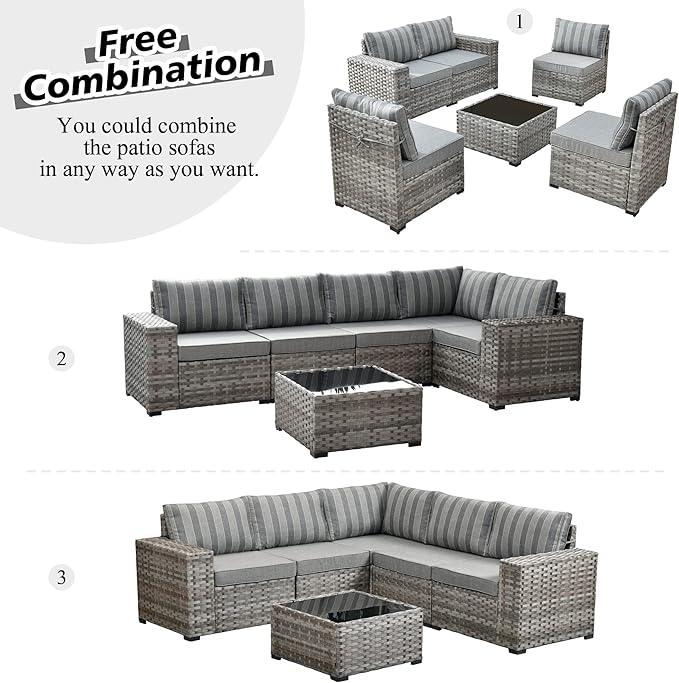 HOOOWOOO 10 Piece Modular Patio Outdoor Sectional Furniture Set with Gas Propane Fire Pit Table,Wicker Conversation Sofa Set with Swivel Chairs,Outside Couch Set(Grey Stripes)