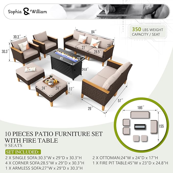 Sophia & William Oversized Patio Furniture Set with Fire Pit Table, Outdoor Wicker Rattan Sectional Sofa 8 Piece Patio Conversation Set for Deck, Backyard, Porch, Outside(45-Inch Fire Pit,Beige)