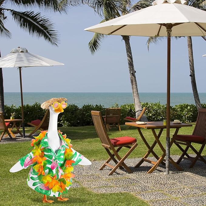 AZYM Hawaiian Porch Goose Outfits,Yard Goose Clothes Hawaiian Wreath with Straw Hat Glasses,4 Pcs/Set Summer Lawn Goose Costume,for 23" Statue Patio Garden Decoration