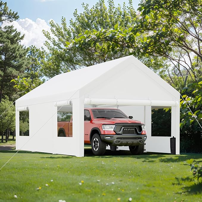 JY QAQA Carport, 12x20 FT Heavy Duty Carport Reinforced Steel Poles with Removable Sidewalls & Doors,Roll-up Windows Car Canopy with Sandbags and All-Season Tarp for Car Boat Truck Motorcycle