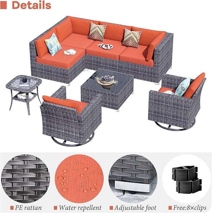 HOOOWOOO 8 Piece Patio Sectional Furniture Set with Swivel Rocking Chairs,Modern Wicker Outdoor Conversation Sofa Sets,Weather Resistant Modular L Shaped Outside Couch Set(Orange Red)