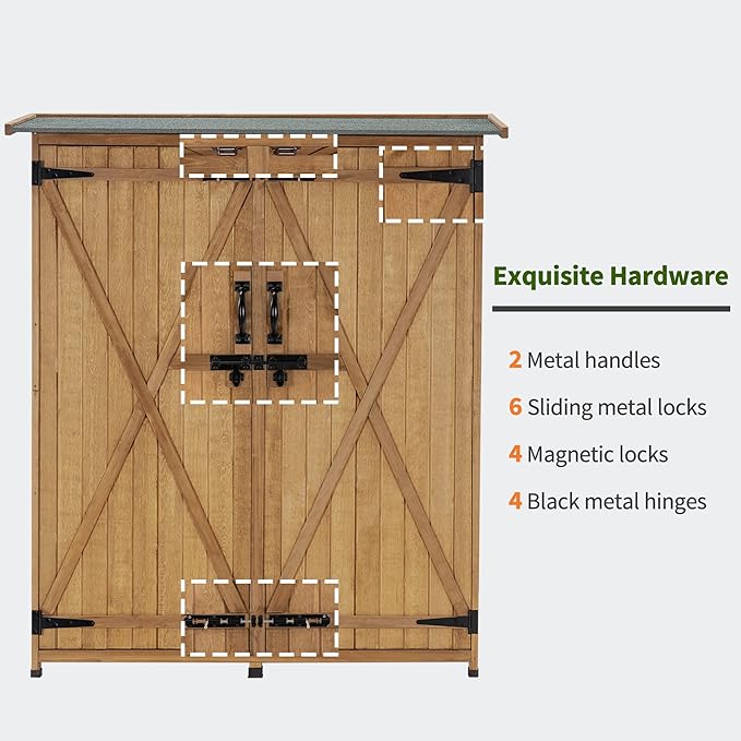 MCombo Outdoor Storage Cabinet with Shelves, Wood Garden Shed with Floor, Outside Tool Shed with 2 Lockable Doors for Yard Patio Lawn, 1400 (Natural)