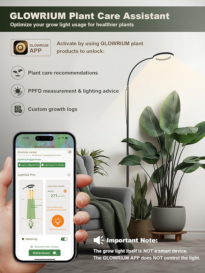 GLOWRIUM 24W LED Grow Light for Indoor Plants, 23.5-71" Adjustable Height, 3-Growing Full Spectrum for Tall Grow Light, High PPFD, 3/9/12/16H Timer, 6-Level Dimming, Ideal for Large Tall Plants