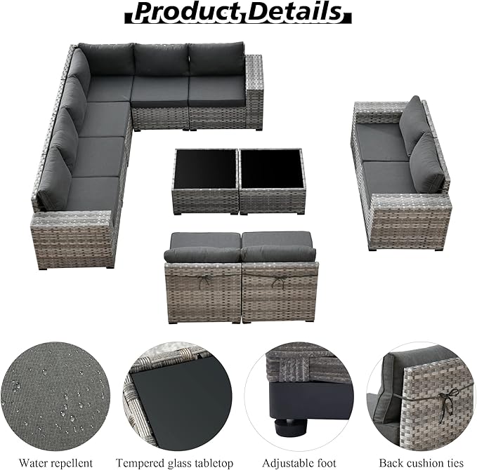 HOOOWOOO 12 Piece Modular Patio Outdoor Sectional Furniture Sofa Set,Wicker Conversation Set,Out Door Couch Set with Wide Arm for Outside All Weather(Black)