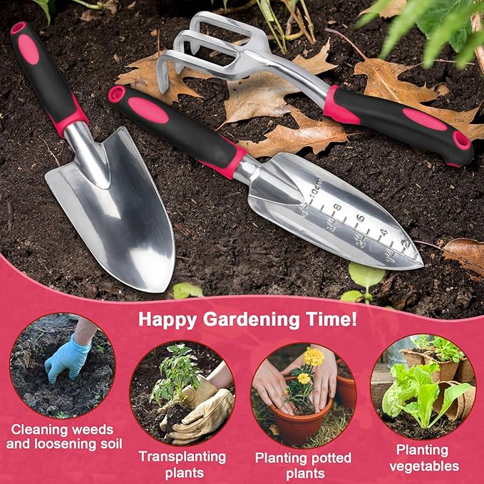 Garden Tools Set, 3 Pack Heavy Duty Gardening Tools Set Include Garden Shovel, Transplant Trowel and Hand Rake with Ergonomic Handle, Aluminum Alloy Lawn for Planting Tools, Red