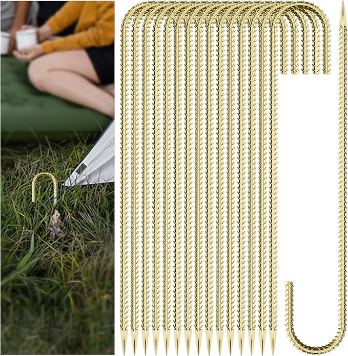 20 Pieces 12 Inch Long 1/4In Diameter Heavy Duty J Hooks,Heavy Duty Rebar Metal Fence Ground Garden Tent Stakes,Ground Spikes Anchors for Fencing,Outdoor Chicken Wire Trellis Stakes,Anti-Rust Golden