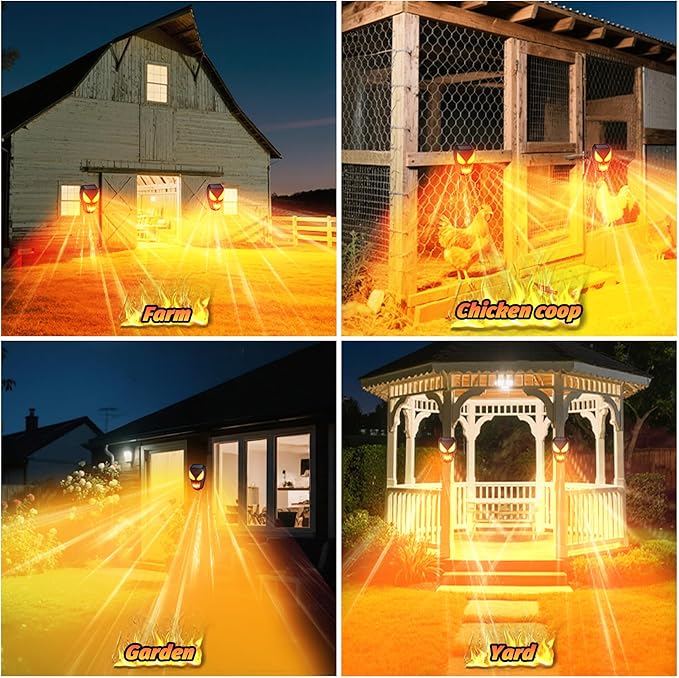 4 Pack Solar Powered Coyote Deterrent with Amber Dynamic Flashing Lights, Effective Coyote, Raccoon, Skunk, Deer & Hawk Deterrent, Waterproof Predator Light for Yards, Gardens & Chicken Coop