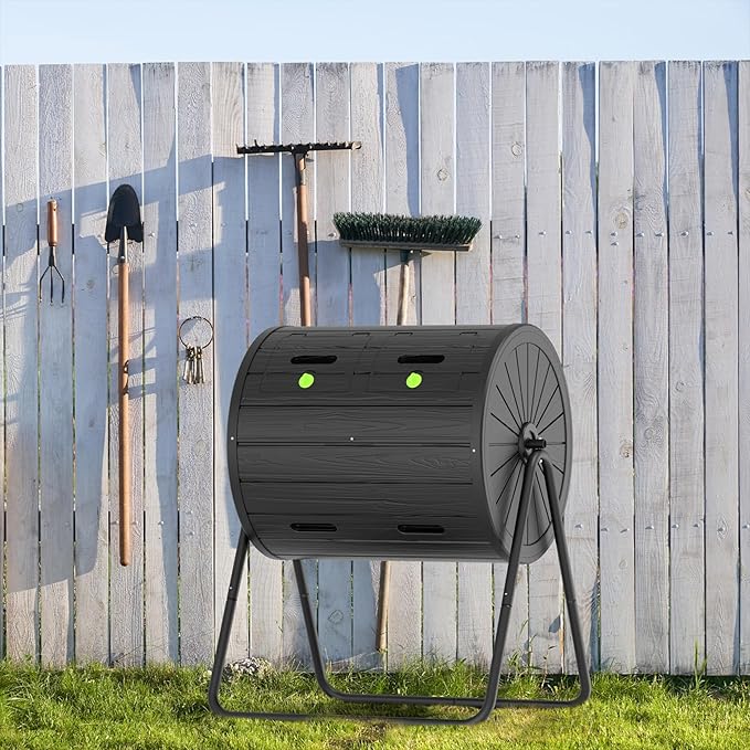 Dual-Chamber Outdoor Compost Tumbler, 37.5-Gallon Efficient Rotating Composter, UV-Resistant and Weatherproof, for Garden, Kitchen, and Yard (Black)
