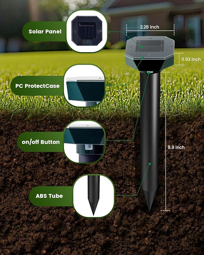 Snake & Mole & Rabbit & Skunk Repellent Solar Powered, 2025 Upgraded Ultrasonic Deterrent, IP65 Waterproof, Gopher Groundhog Chipmunk Raccoon and Vole Repellent & Deterrent for Lawn & Garden, 4 Pack