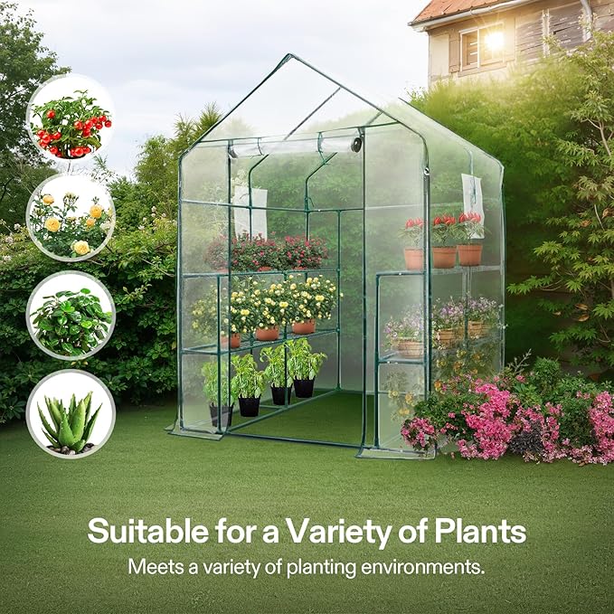 VIVOSUN 57x57x77-Inch Transparent Mini Walk-in Green House with Window and Anchor, Plant Garden Hot House 2 Tiers 8 Shelves, 4.7 x 4.7 x 6.4 FT
