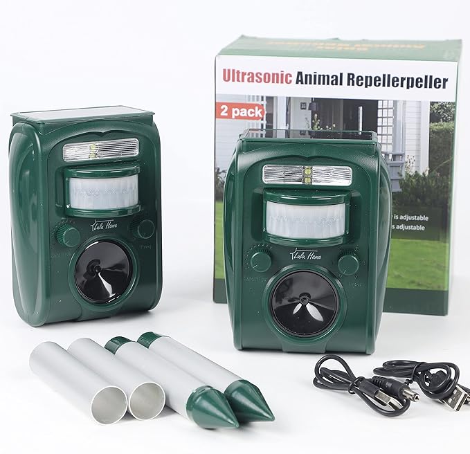 Lulu Home 2 Packs Ultrasonic Animal Repeller, Weatherproof Solar Powered Rodent Repeller with Motion Activated Flashing LED Light, Repel Dogs, Cat, Squirrels, Raccoon, Rabbit, Fox & More