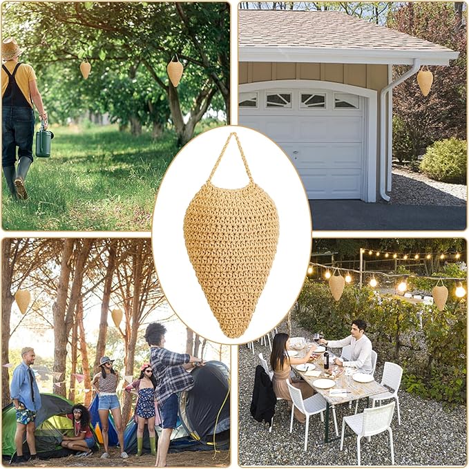 3 Pack Large Crochet Wasp Nest Decoys, Faux Wasp Nest Deterrent for Outdoor Hanging for Wasps Hornets, Hornets Nest Decoy Decoration for Patio and Eaves, Beige