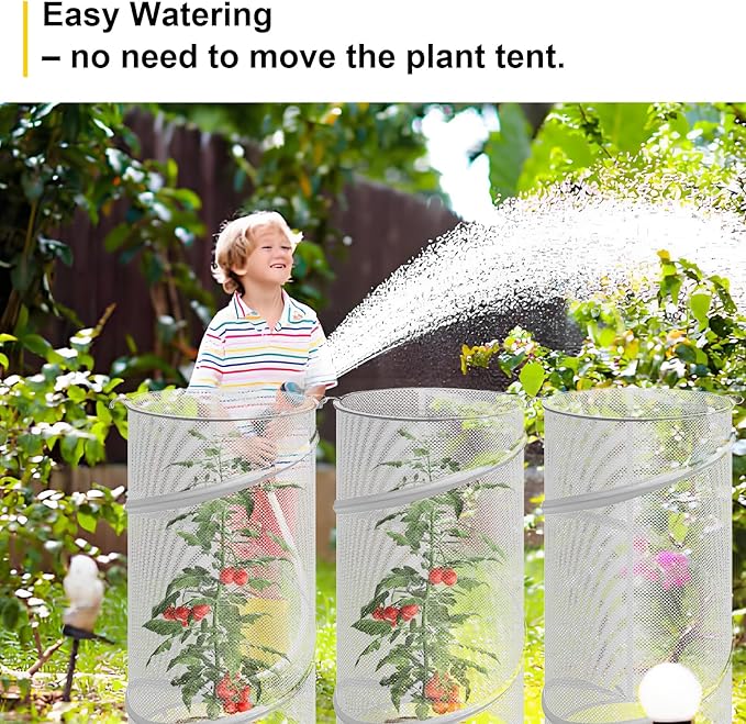 4 Pcs Pop-Up Insect Barrier Plant Cover Net - 19.6" x 11.8" Round Foldable Mesh Plants Enclosures, Garden Plant Protectors with Stakes & Carry Bag